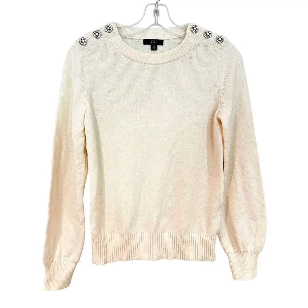 J. Crew Jeweled Buttons Wool Sweater Women's‎ XS Cream Christmas Holiday